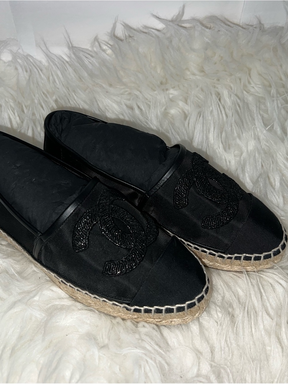 CHANEL Black Mesh Espadrille Slip-Ons with Embroidered CC - Picture 2 of 13